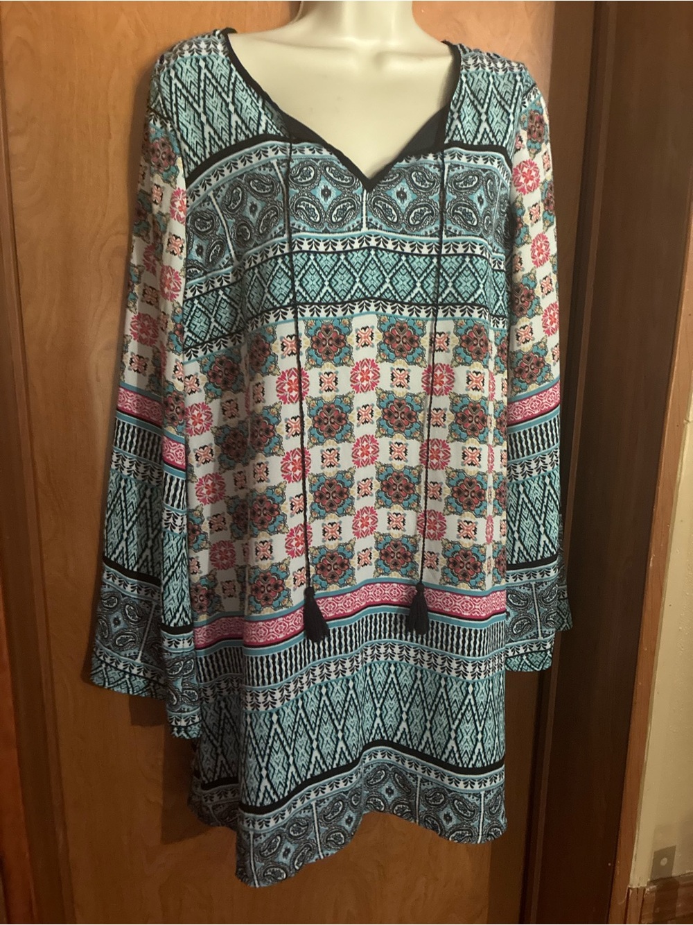 Boho Printed V-Neck Tunic Top in Teal & Pink